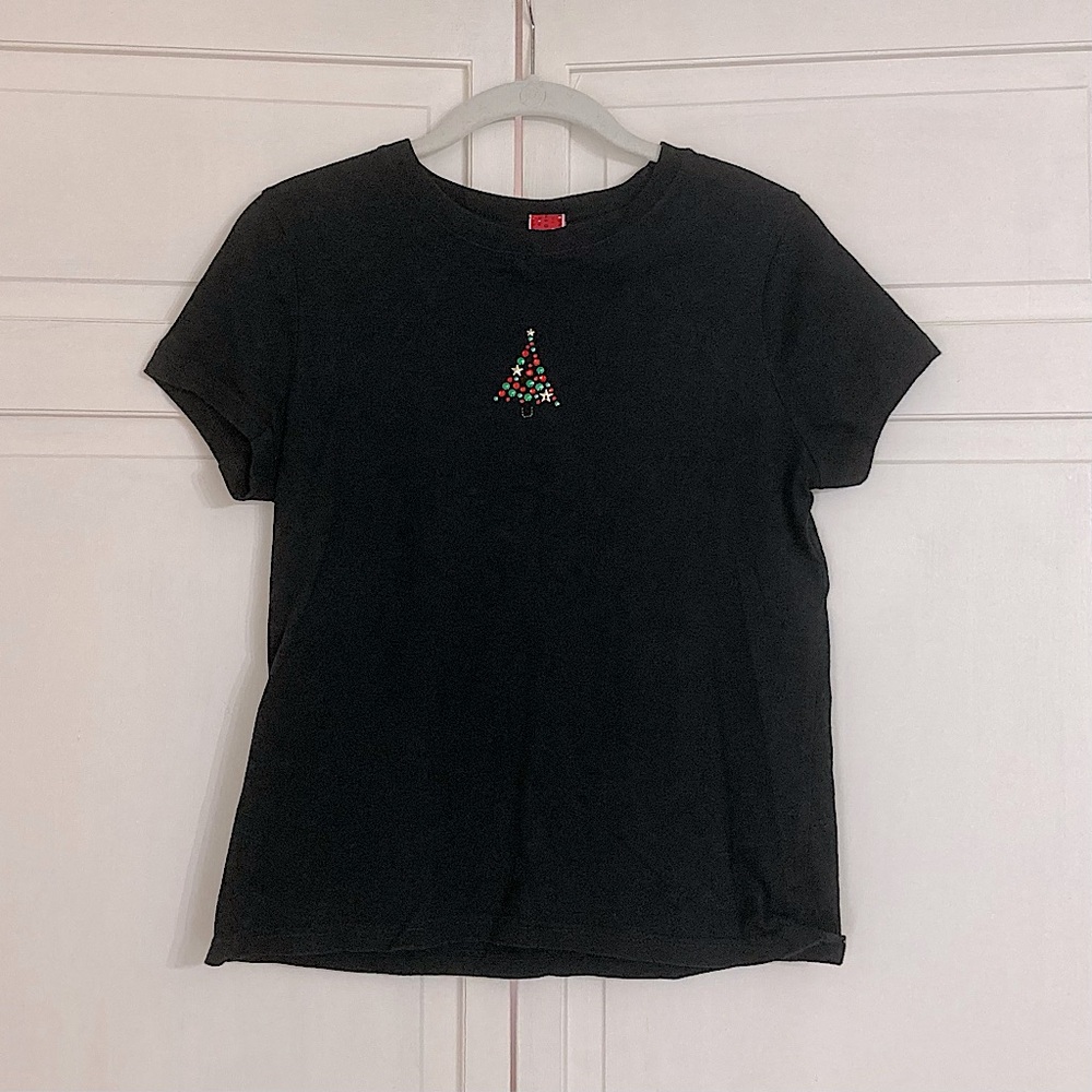 💘 Vintage Target Bedazzled Christmas Tree Black Baby Tee Size Medium 100% Cotton